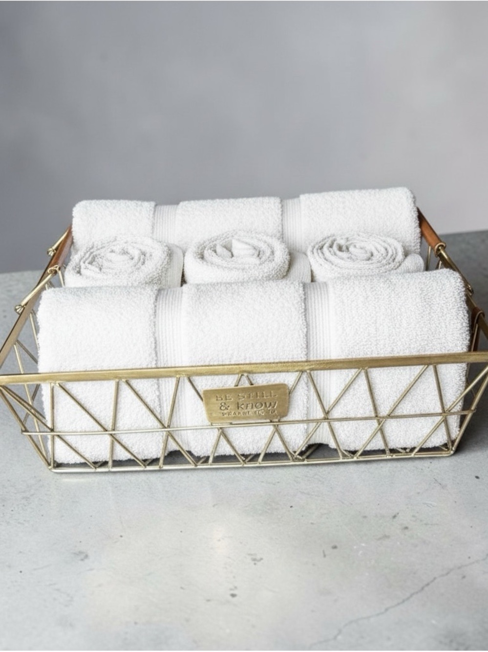 Mary & Martha Brushed Gold Metal Wire Basket with Leather Wrapped Handles